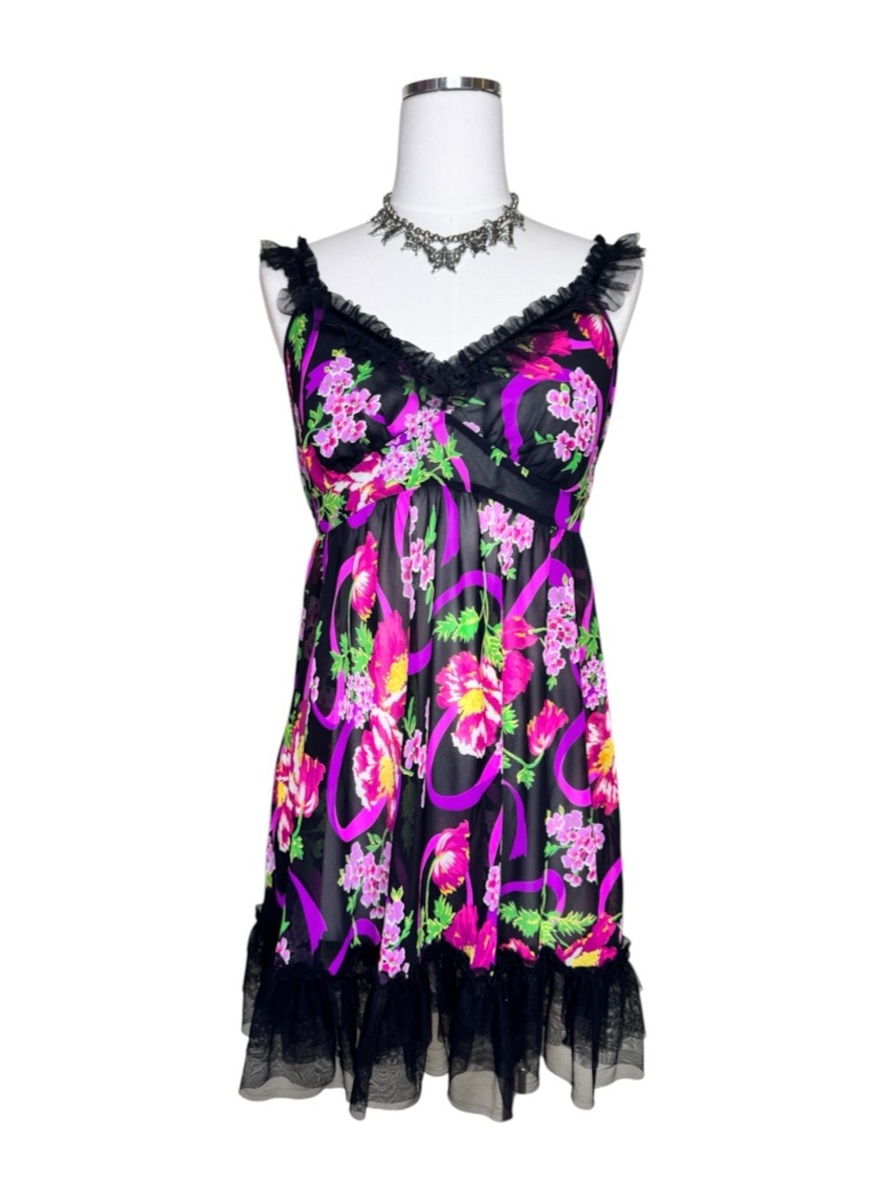 Betsey Johnson Black + Pink Sheer Floral Babydoll Chemise Slip Dress Size Large